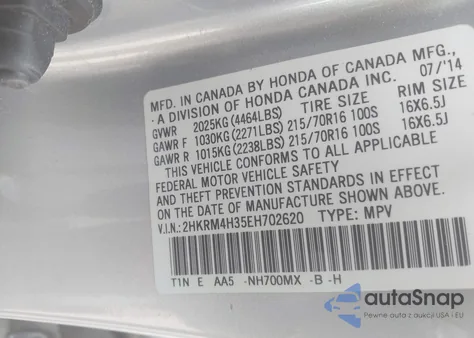 2014 Honda Cr-V Lx z USA, uszkodzony, nr VIN 2HKRM4H35EH702620